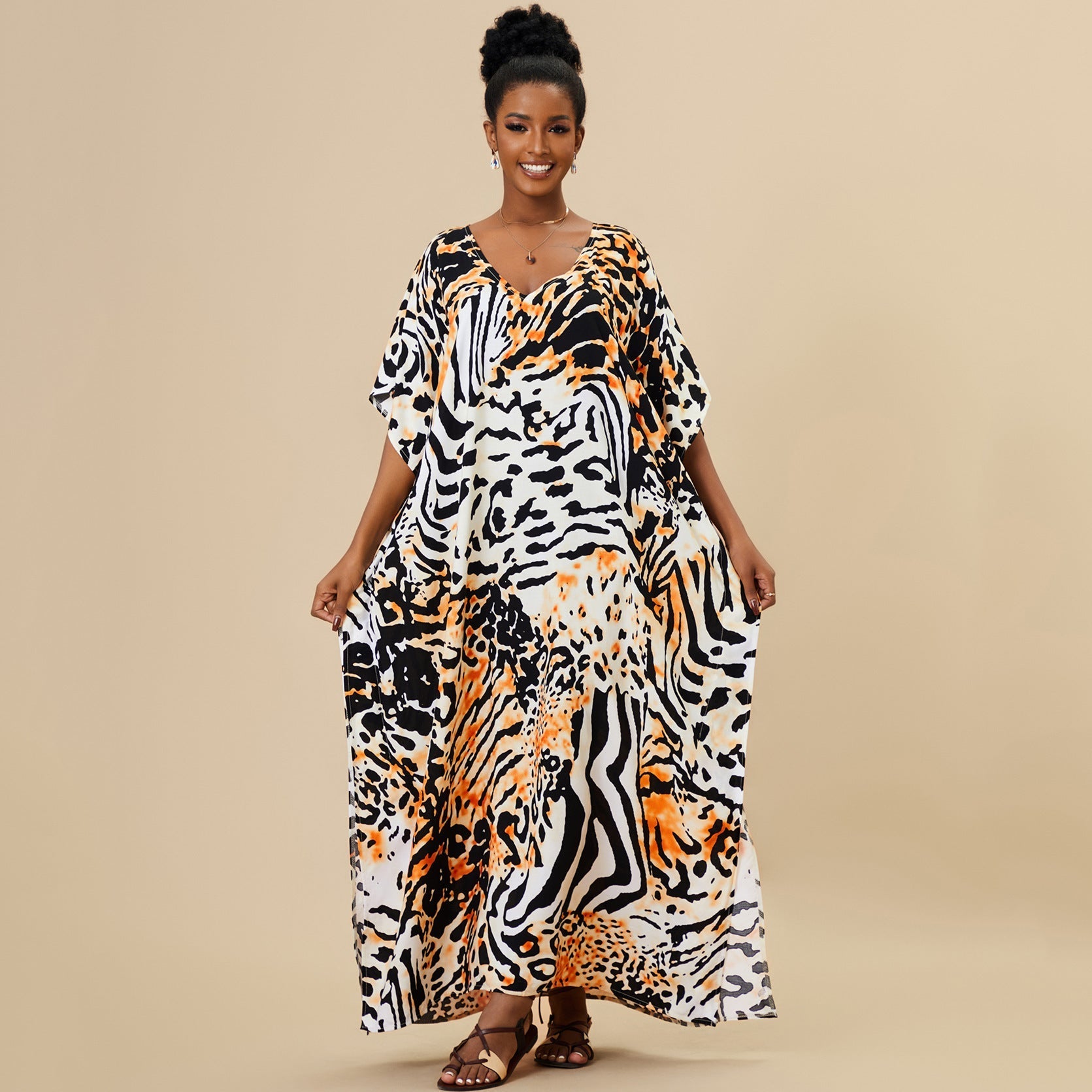 Loose Long Beach Cover Up Rayon Positioning Print Holiday Robe Dress Women Bella Mia